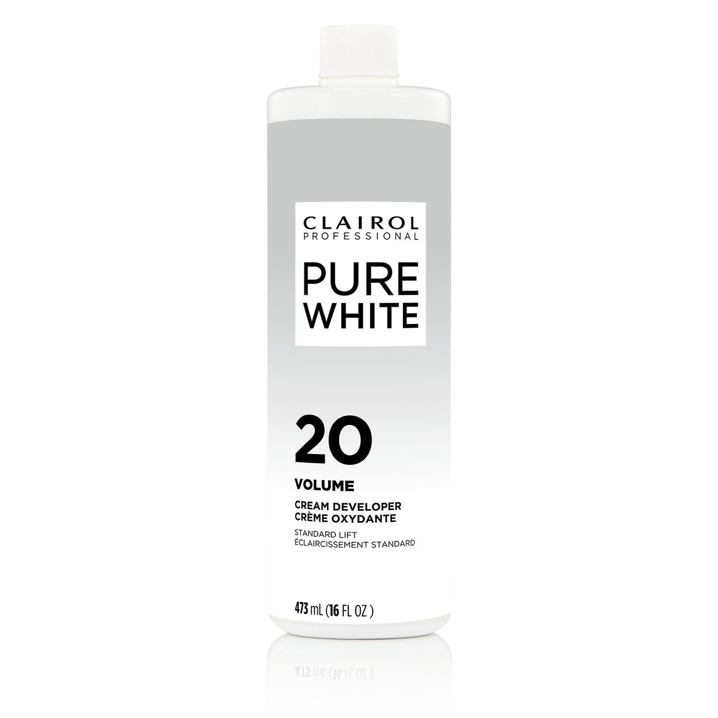 Clairol Pure White 20 Volume cream developer bottle on a white background