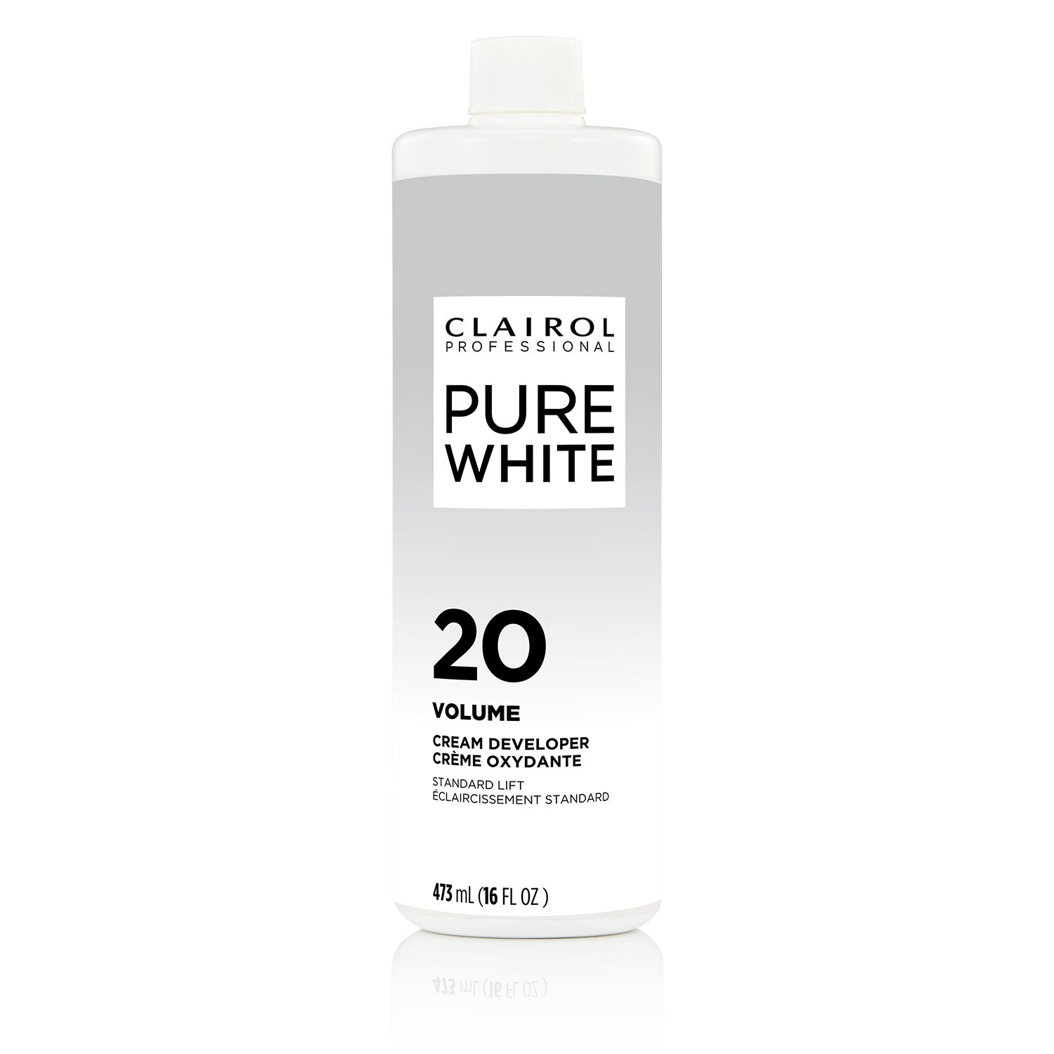 Clairol Pure White 20 Volume cream developer bottle on a white background
