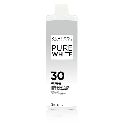 Clairol Pure White 30 Volume cream developer bottle on a white background