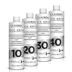 Set of Clairol Pure White hair color bottles with a splash of yellow liquid at the bottom.