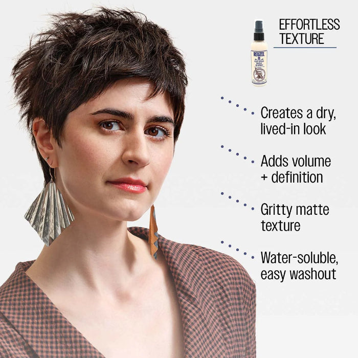 Woman with styled hair next to Reuzel clay spray product with text about hair product features