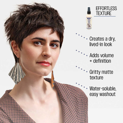 Woman with styled hair next to Reuzel clay spray product with text about hair product features