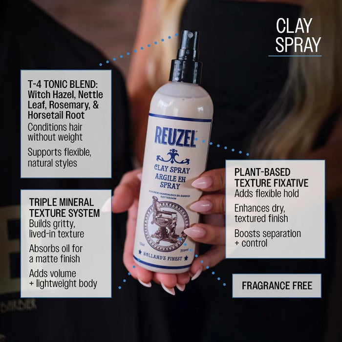 Reuzel clay spray bottle held by a person with product details on a black background