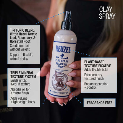 Reuzel clay spray bottle held by a person with product details on a black background