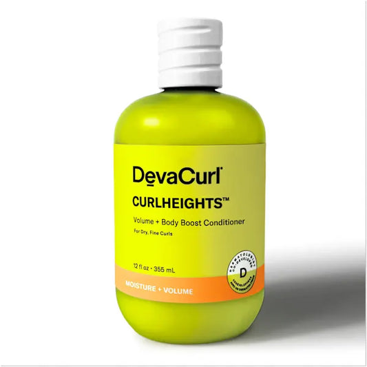 A bottle of DevaCurl Curlheights Volume + Body Boost Conditioner, featuring a bright yellow-green translucent bottle, a white ribbed cap, and a yellow label with orange accents.