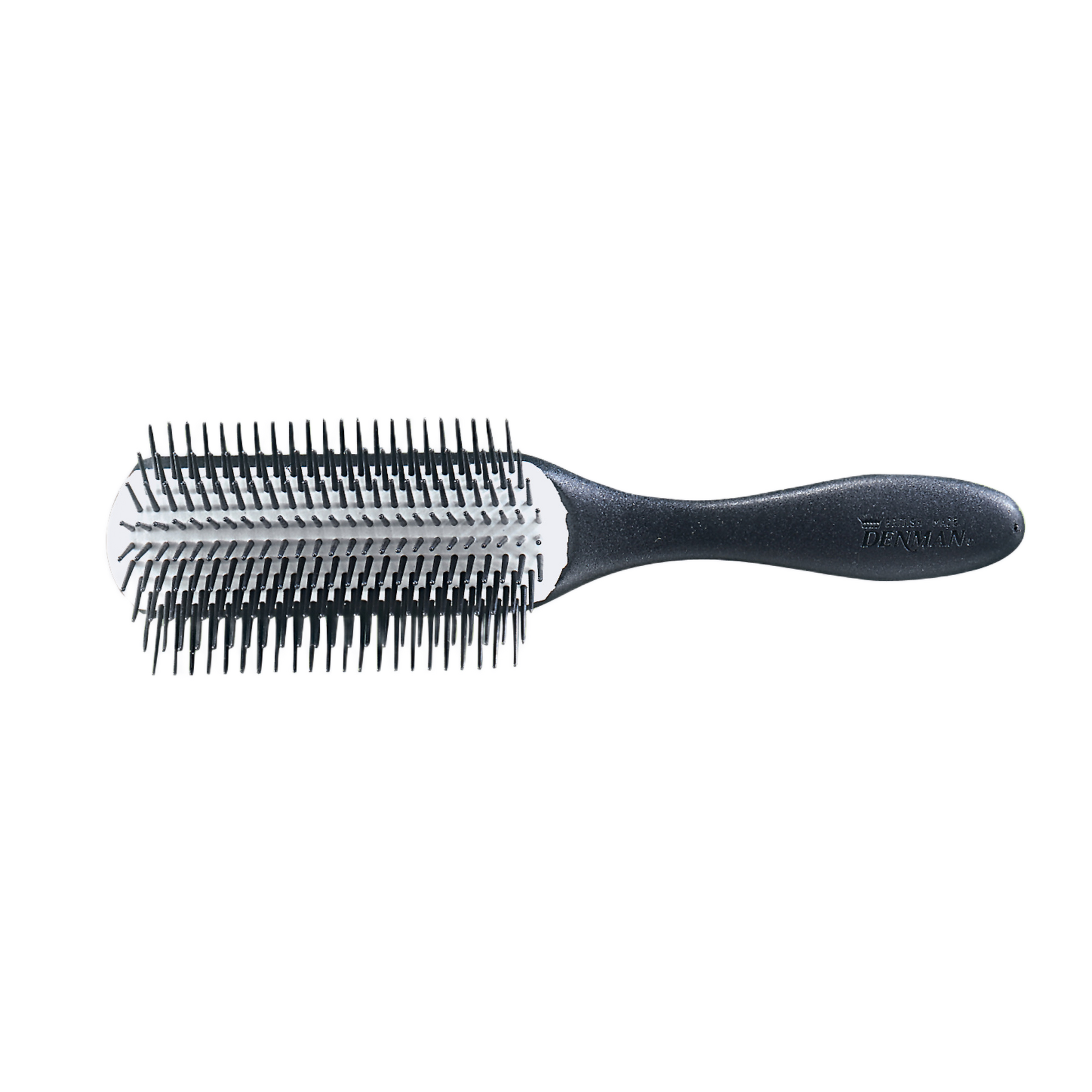 Black hairbrush with bristle head on a white background