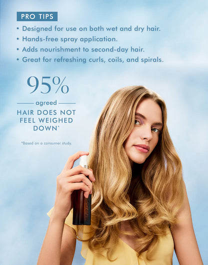 Woman with styled hair holding a spray bottle against a blue background with text about hair product features.