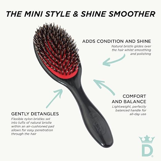 A black large hairbrush with red bristle cushioning and text callouts explaining its styling and shine benefits on a light background.