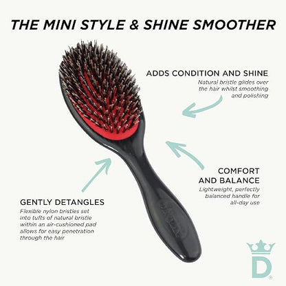 A black large hairbrush with red bristle cushioning and text callouts explaining its styling and shine benefits on a light background.
