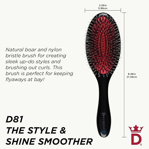 Hairbrush with red bristles and black handle, featuring dimensions and product description on a white background.