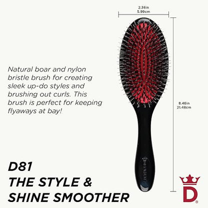 Hairbrush with red bristles and black handle, featuring dimensions and product description on a white background.