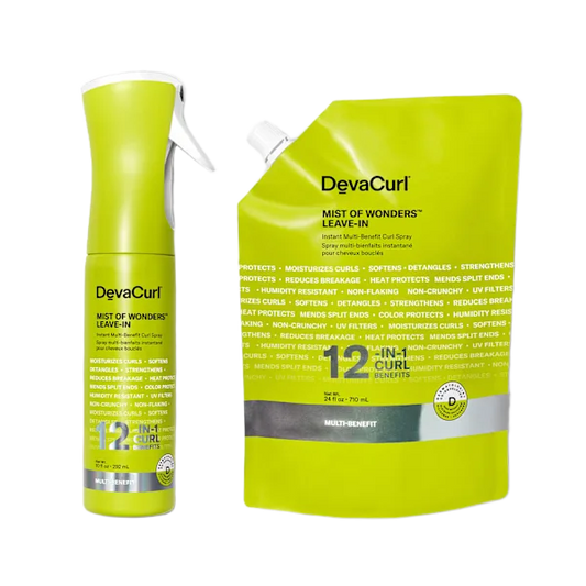 Devacurl hair care products including a spray can and a pouch on a white background