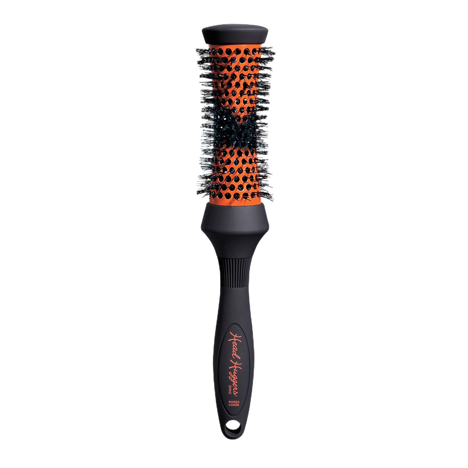 Hairbrush with black and orange bristle design on a white background