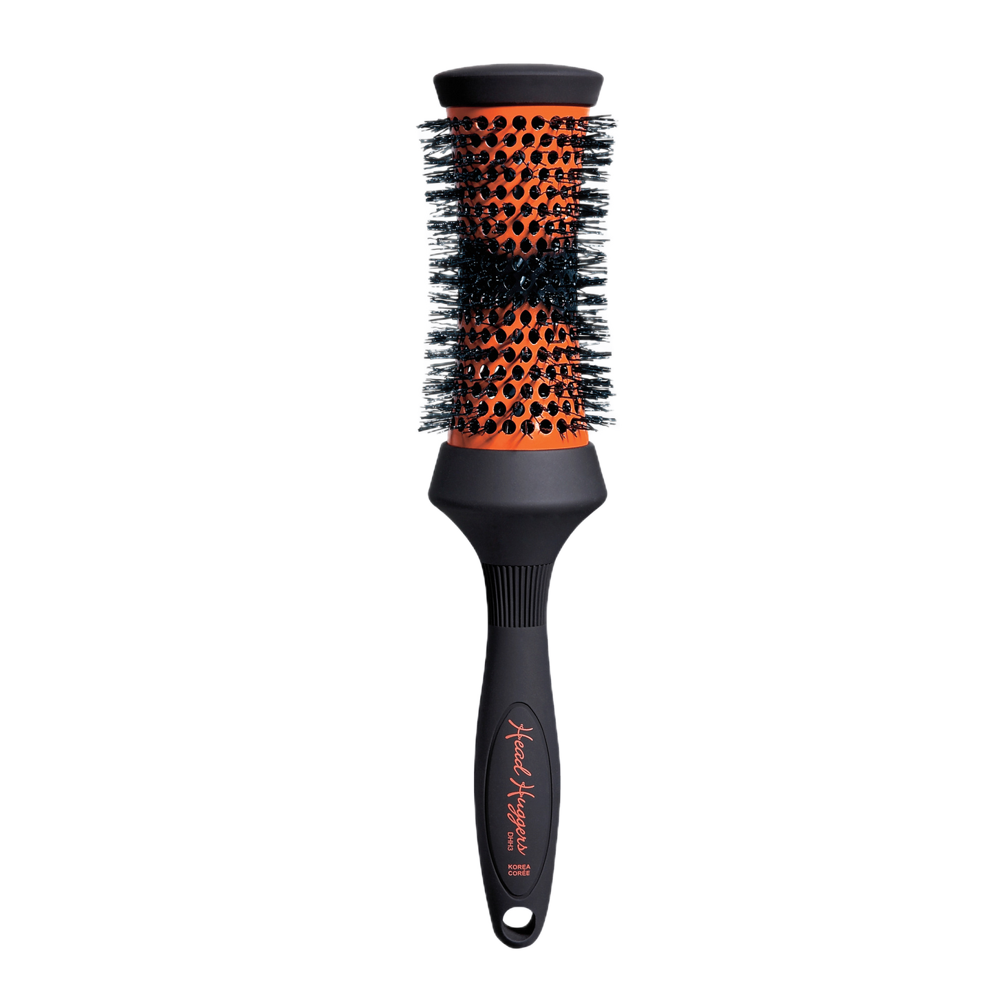 Hairbrush with black and orange bristle design on a white background