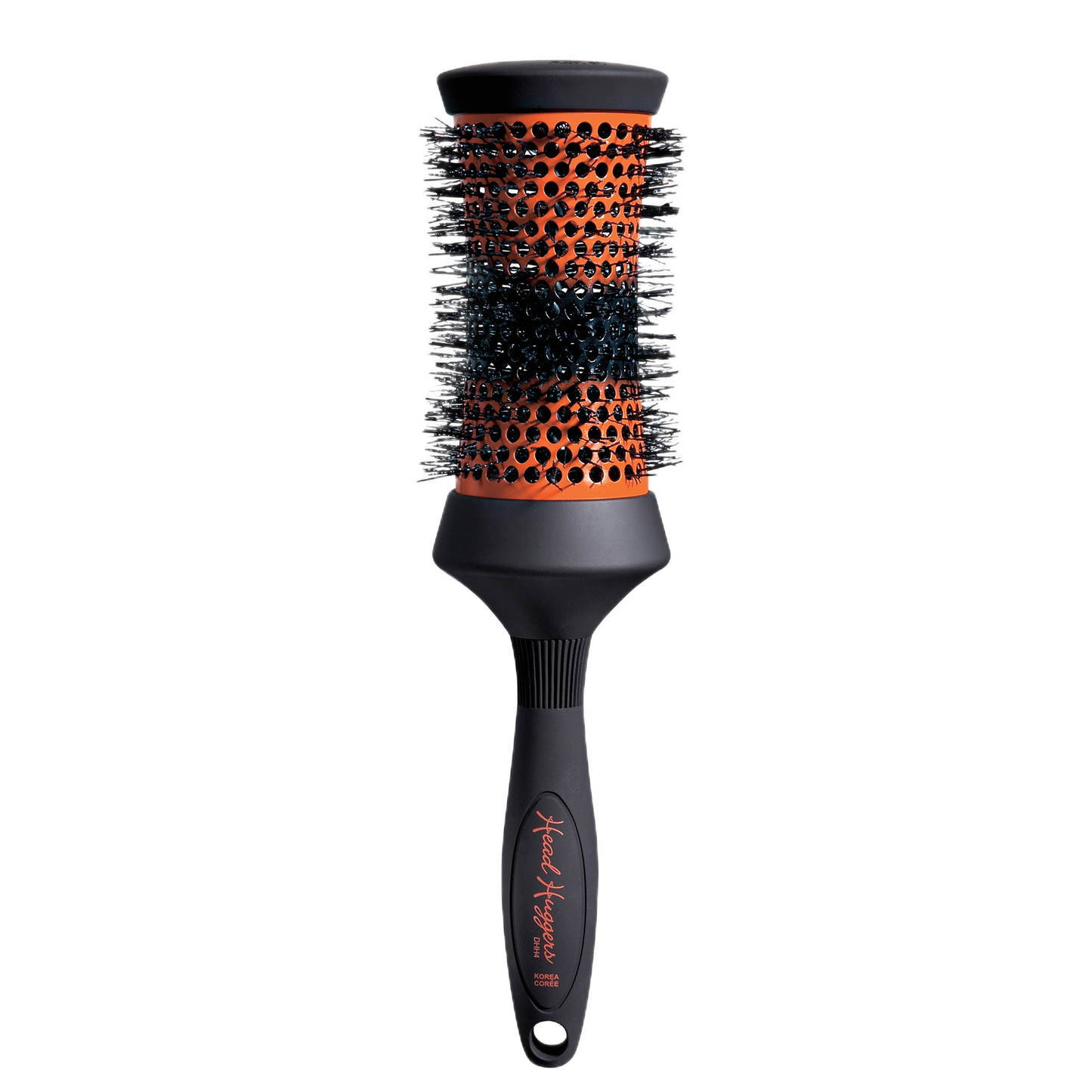 Hairbrush with black and orange bristle head on a white background