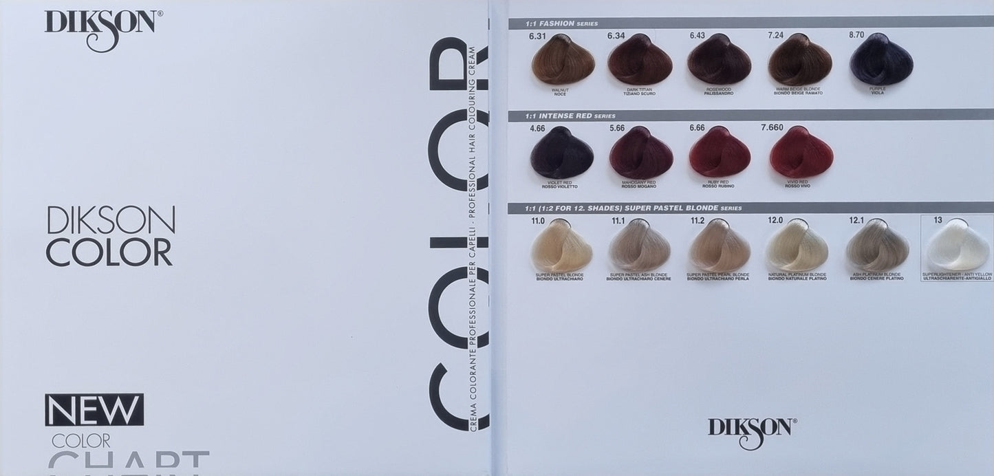 Dikson hair color chart with various brown shades on a white background