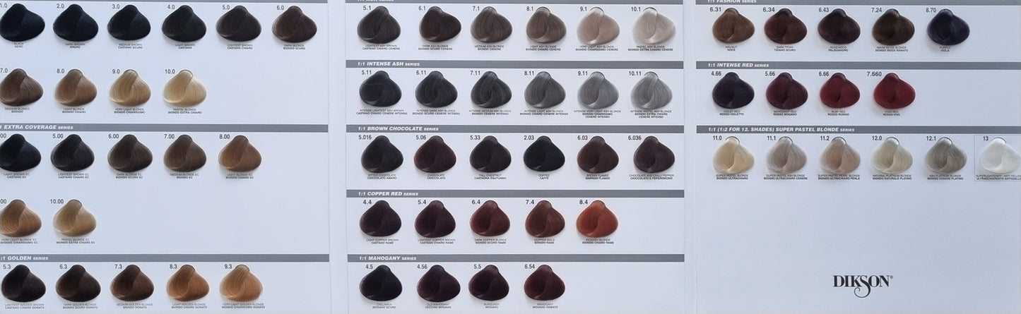 Dyson hair color chart with various hair color swatches on a white background