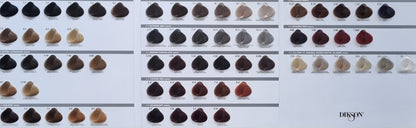 Dyson hair color chart with various hair color swatches on a white background