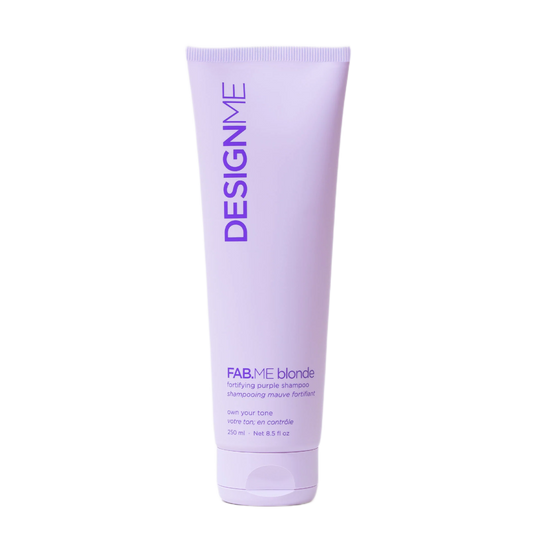 A lavender purple tube of DesignMe Fab+Me Blonde Shining Hair Conditioner on a solid white background.