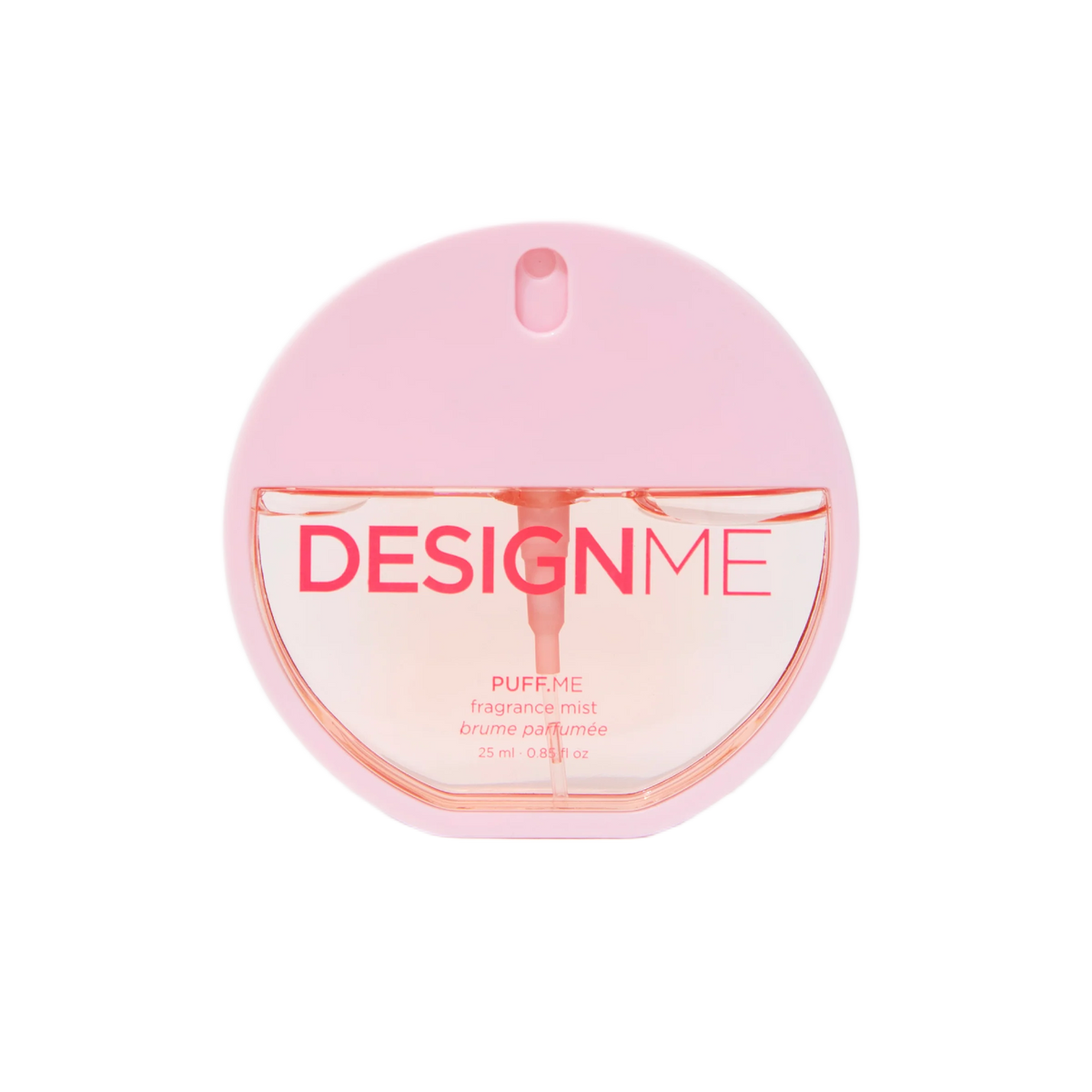A pink circular bottle of DESIGN ME Puff Me fragrance mist on a solid white background.