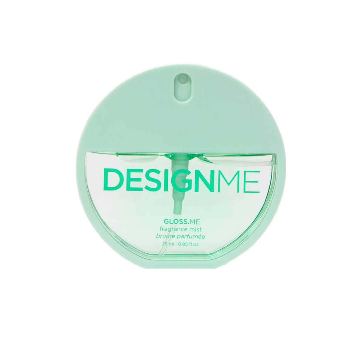A round, mint green fragrance mist bottle with a clear lower half showing the liquid inside, and the brand name 'DESIGNME' printed on the front.