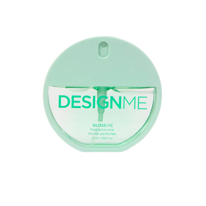 A round, mint green fragrance mist bottle with a clear lower half showing the liquid inside, and the brand name 'DESIGNME' printed on the front.