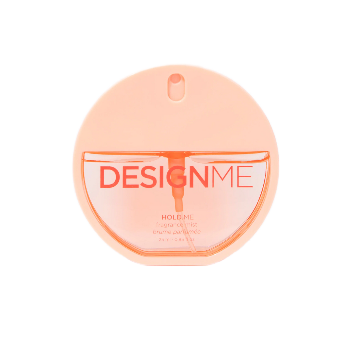 A round, translucent peach-colored perfume bottle labeled 'DESIGNME HOLD ME' on a solid white background.