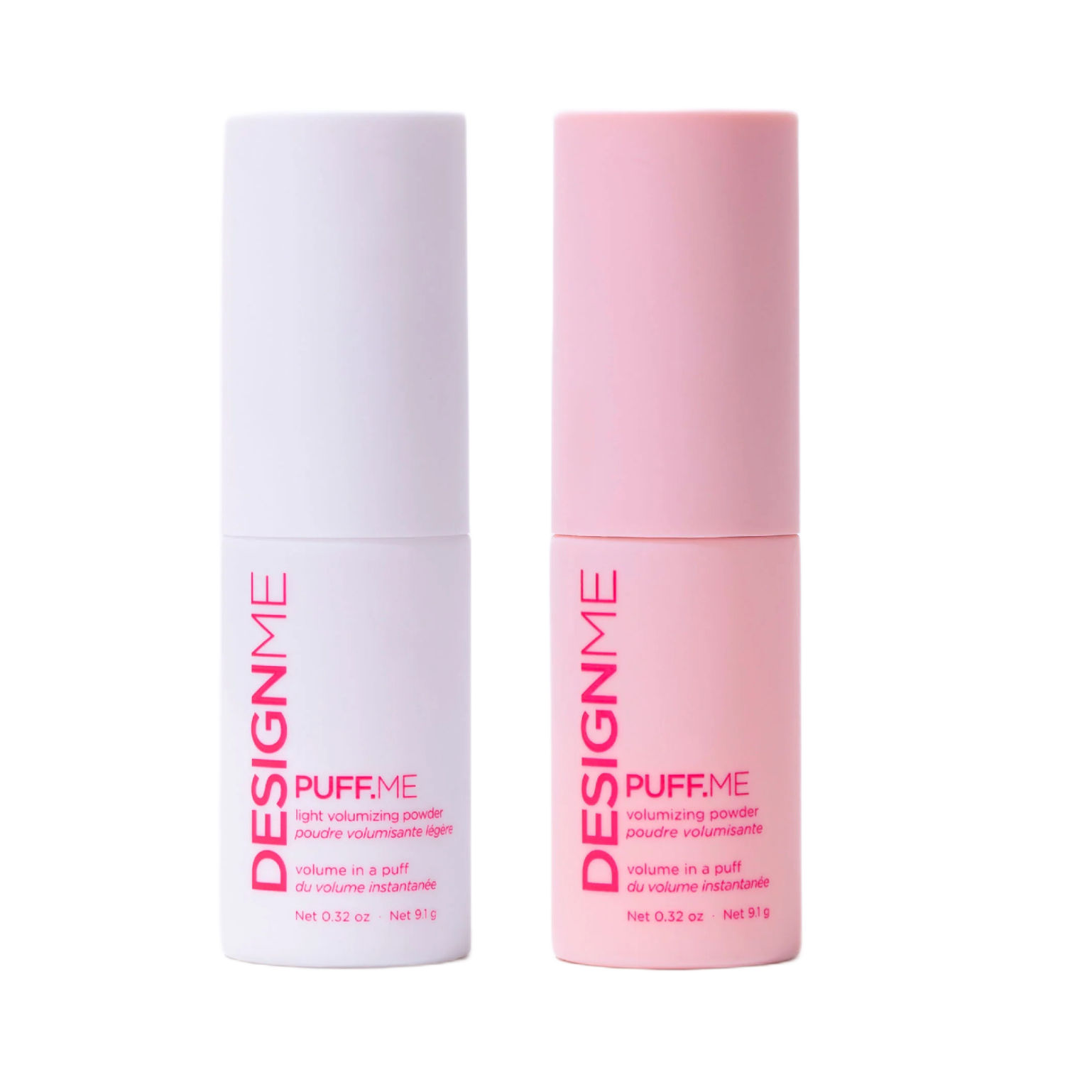 Two cosmetic bottles labeled 'DESIGN ME PUFF ME' on a white background