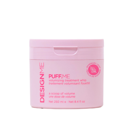 A pink plastic jar of Design Me Puff Me volumizing treatment whip, shown against a plain white background.