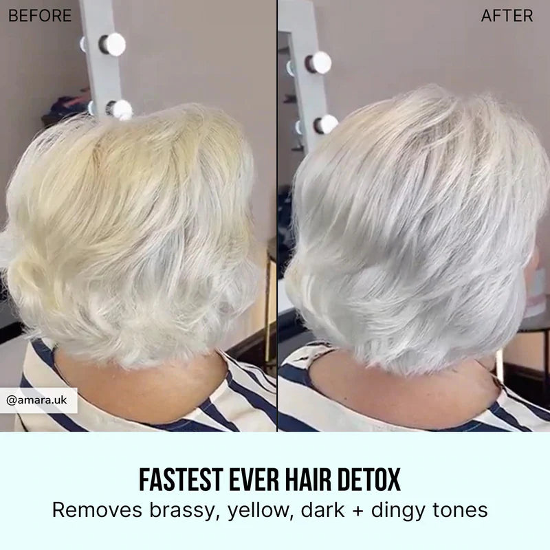 Color Wow before and after on a short white haired client. Removed all the yellow brassy and dark tones from her hair