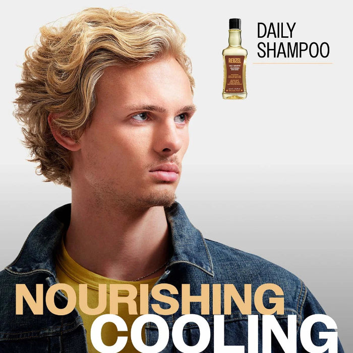 Man with styled hair and shampoo bottle with 'Daily Shampoo' text, 'Nourishing Cooling' text.