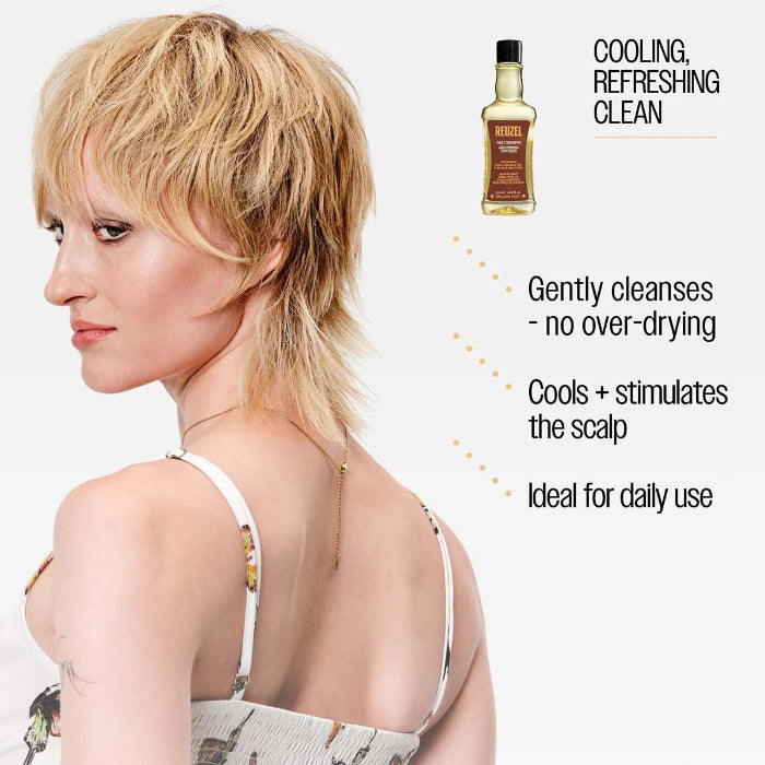 Woman with styled hair and bottle of hair product on a white background
