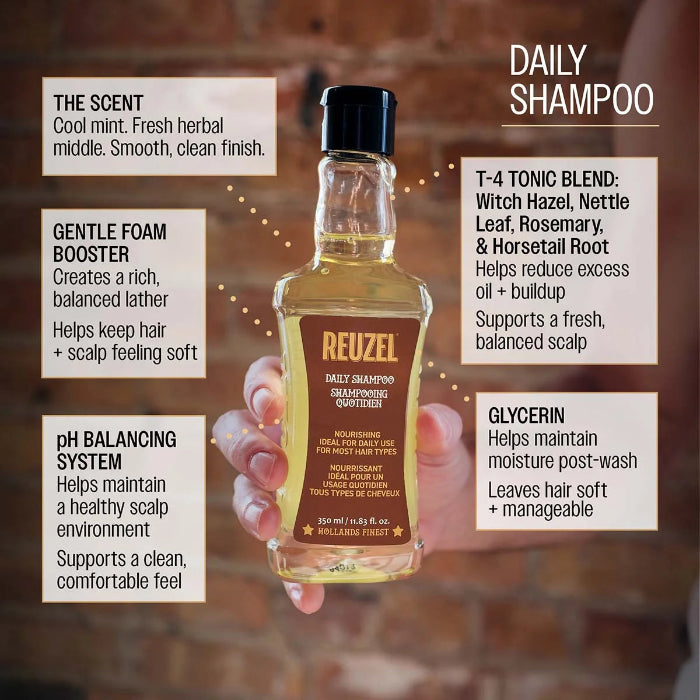 A hand holds a bottle of Reuzel Daily Shampoo against a warm, blurred background with text callouts describing its herbal, scalp-supporting, and glossy-foam benefits.