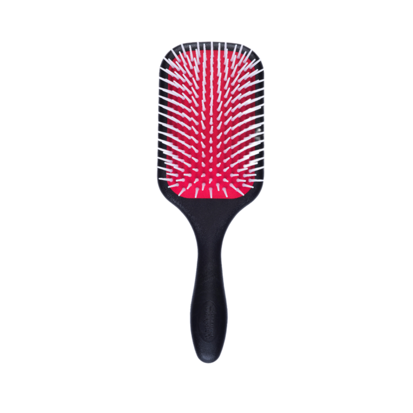 Black paddle hairbrush with red bristle head on a white background