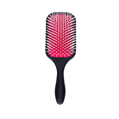 Black paddle hairbrush with red bristle head on a white background
