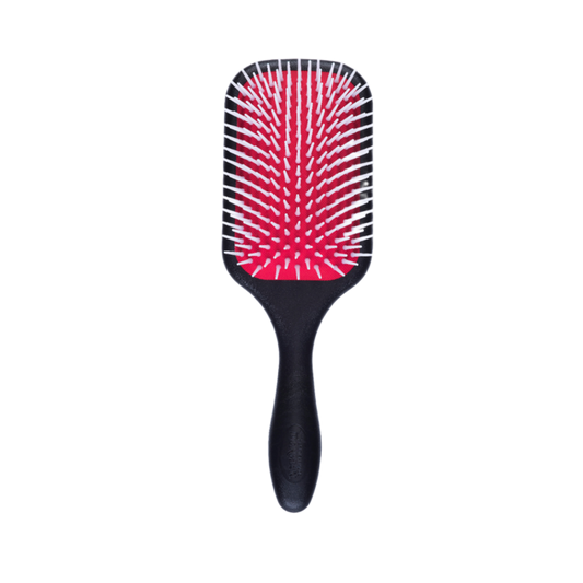 Black paddle hairbrush with red bristle head on a white background