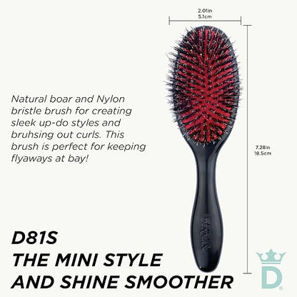 Hairbrush with red bristles and black handle, labeled D81S, on a white background with text and measurements.
