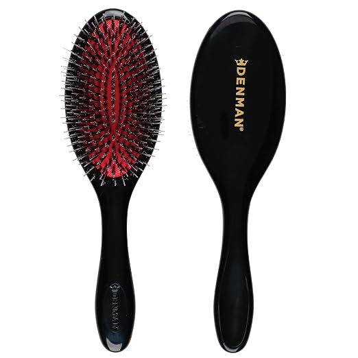 Black large hairbrush with red bristle head and Denman logo on a white background