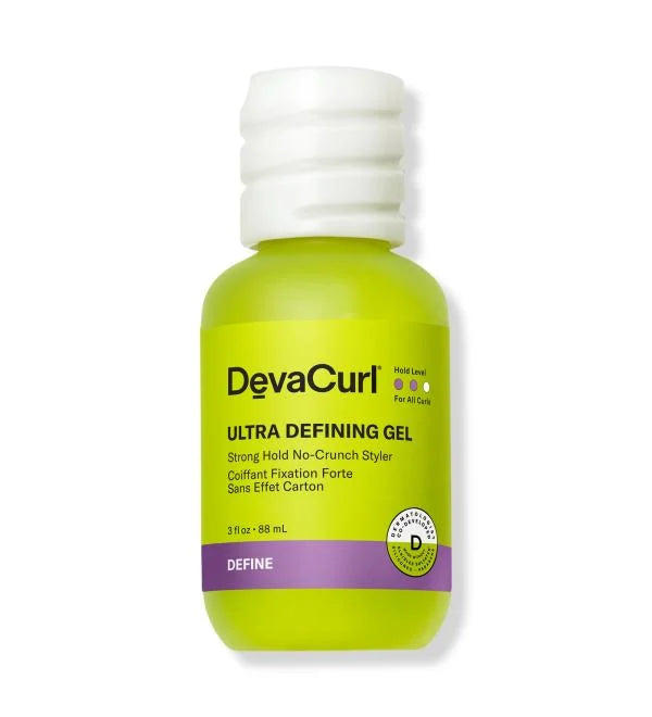 A bottle of DevaCurl Ultra Defining Gel in the 'Define' scent, featuring a bright lime green body, a white ribbed cap, and a purple accent band on the label.