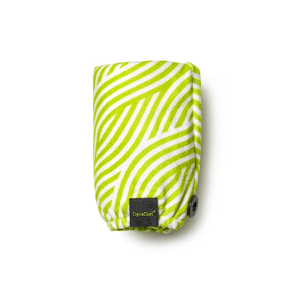 Green and white striped hair curler case with 'Devacurl' branding on a white background