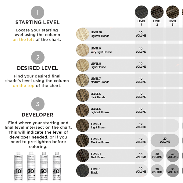 Color chart for hair development with levels and volume indicators