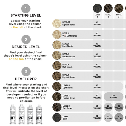 Color chart for hair development with levels and volume indicators