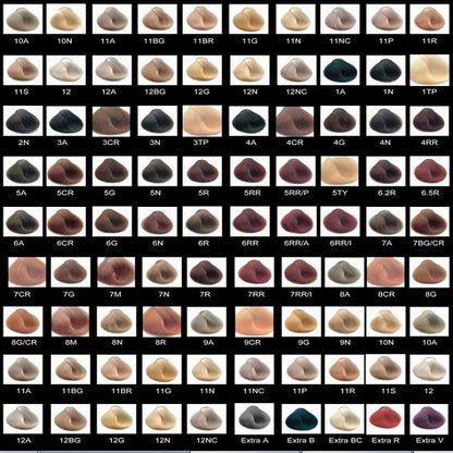 Color chart for hair dye with various shades labeled.