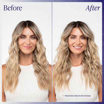 Before and after comparison of a woman with long, wavy hair on a white background.