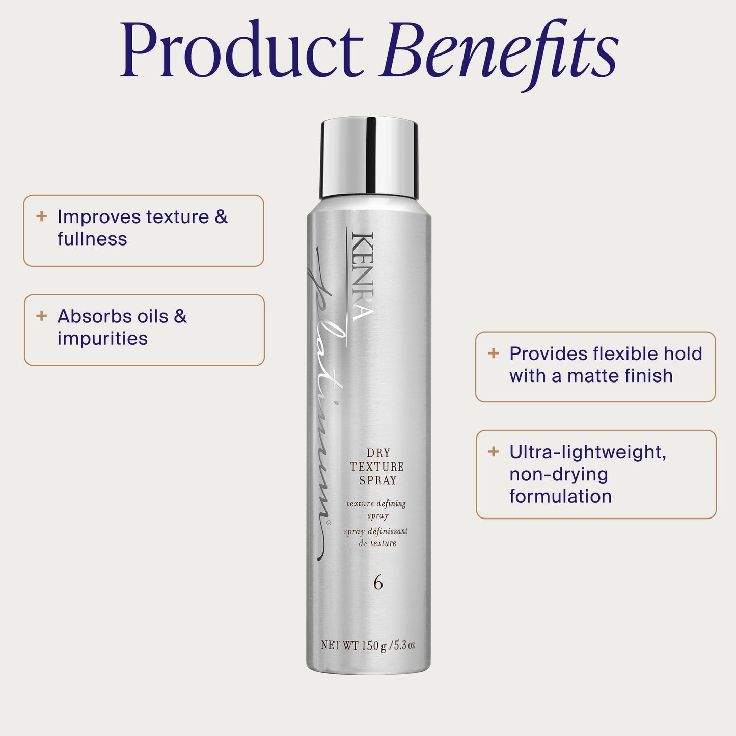 Kenra dry texture spray bottle with product benefits listed on a white background