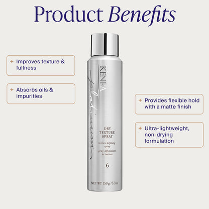 Kenra dry texture spray bottle with product benefits listed on a white background