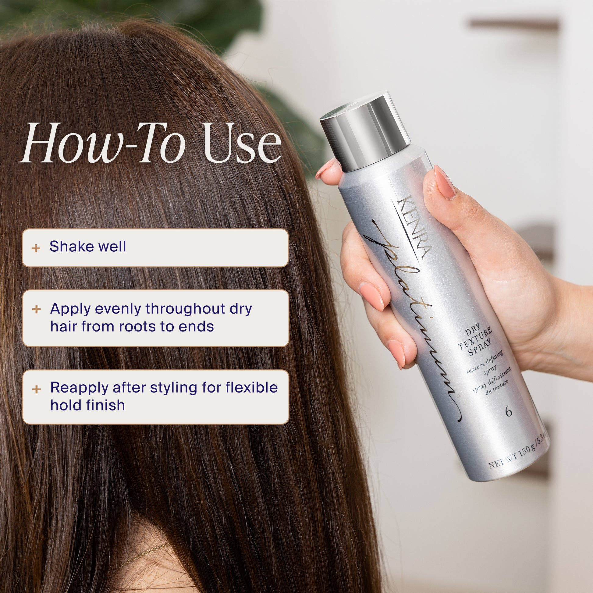 Person holding a bottle of KMS California hair product with text on how to use it.