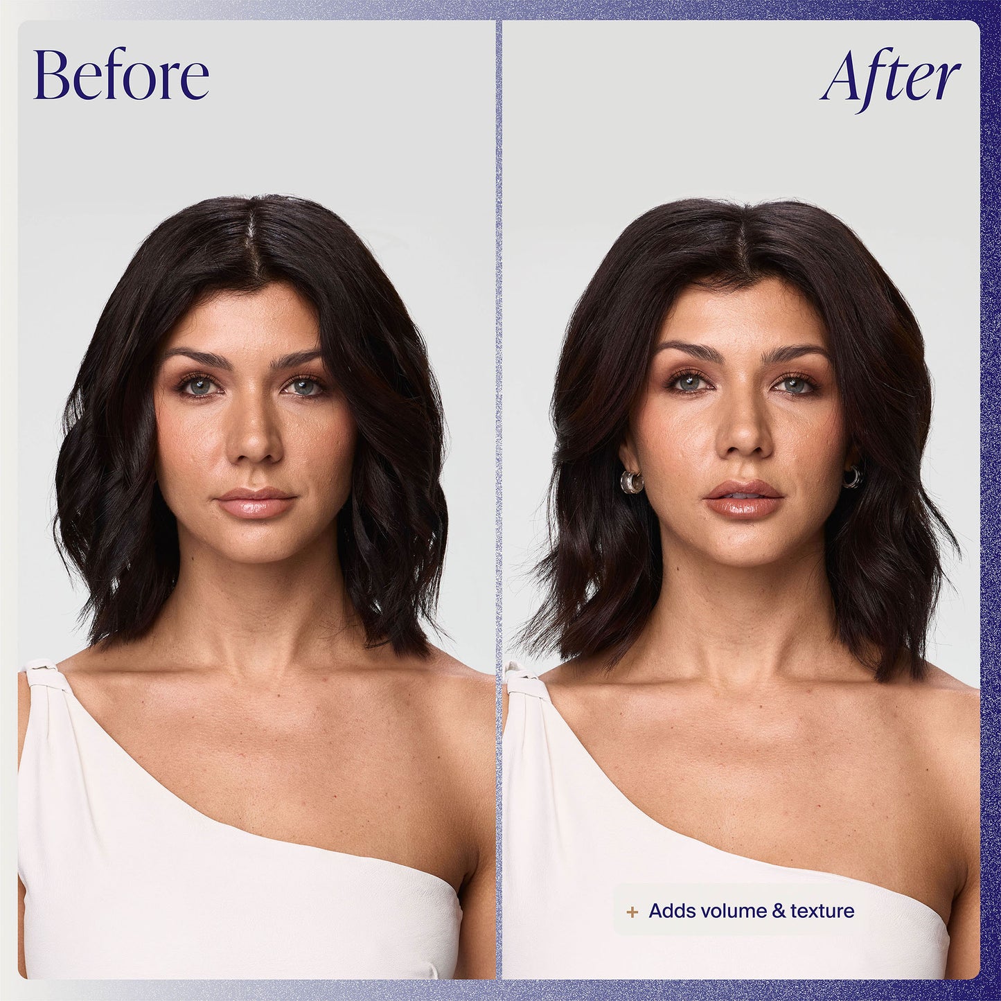 Before and after comparison of a woman with added volume and texture to her hair.