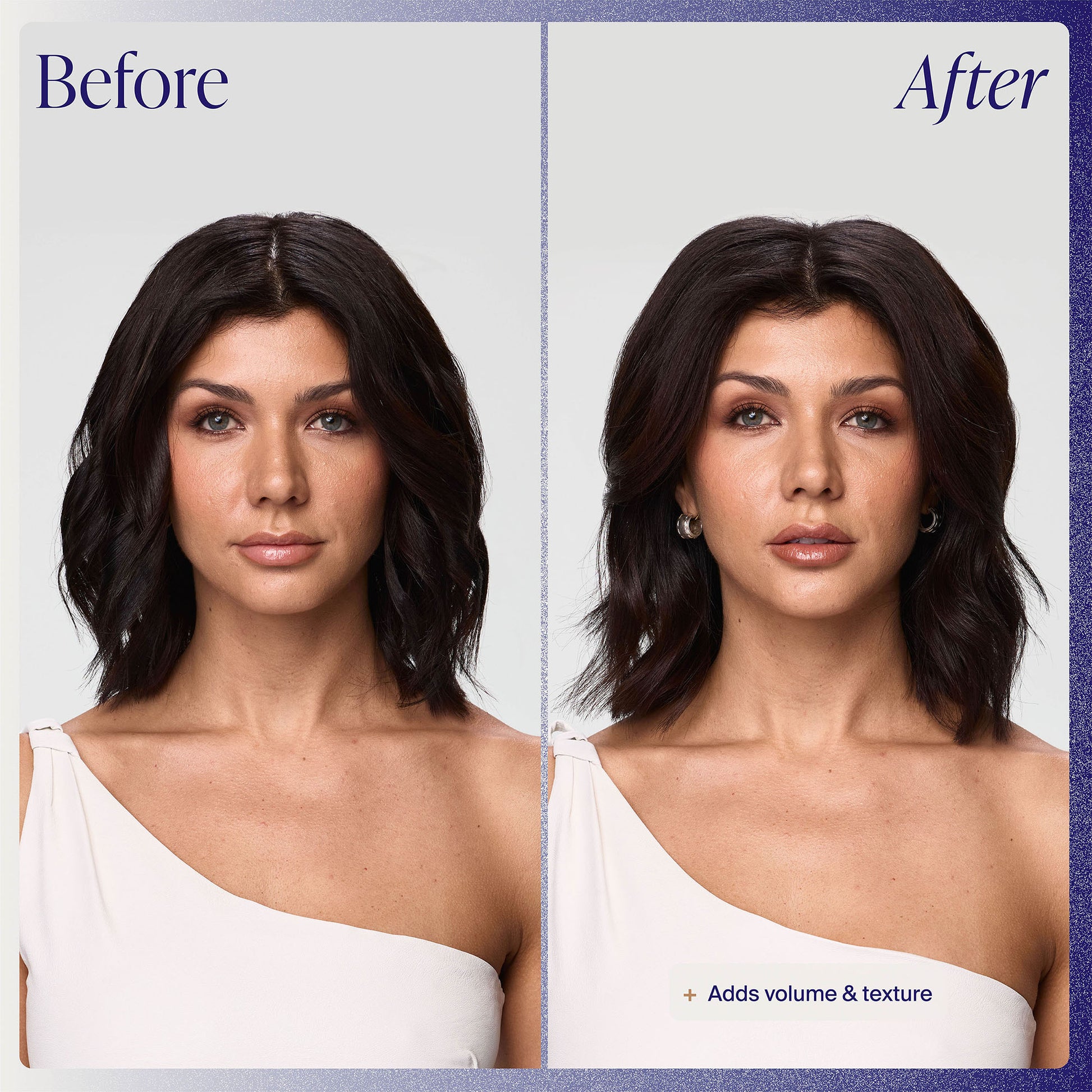 Before and after comparison of a woman with added volume and texture to her hair.