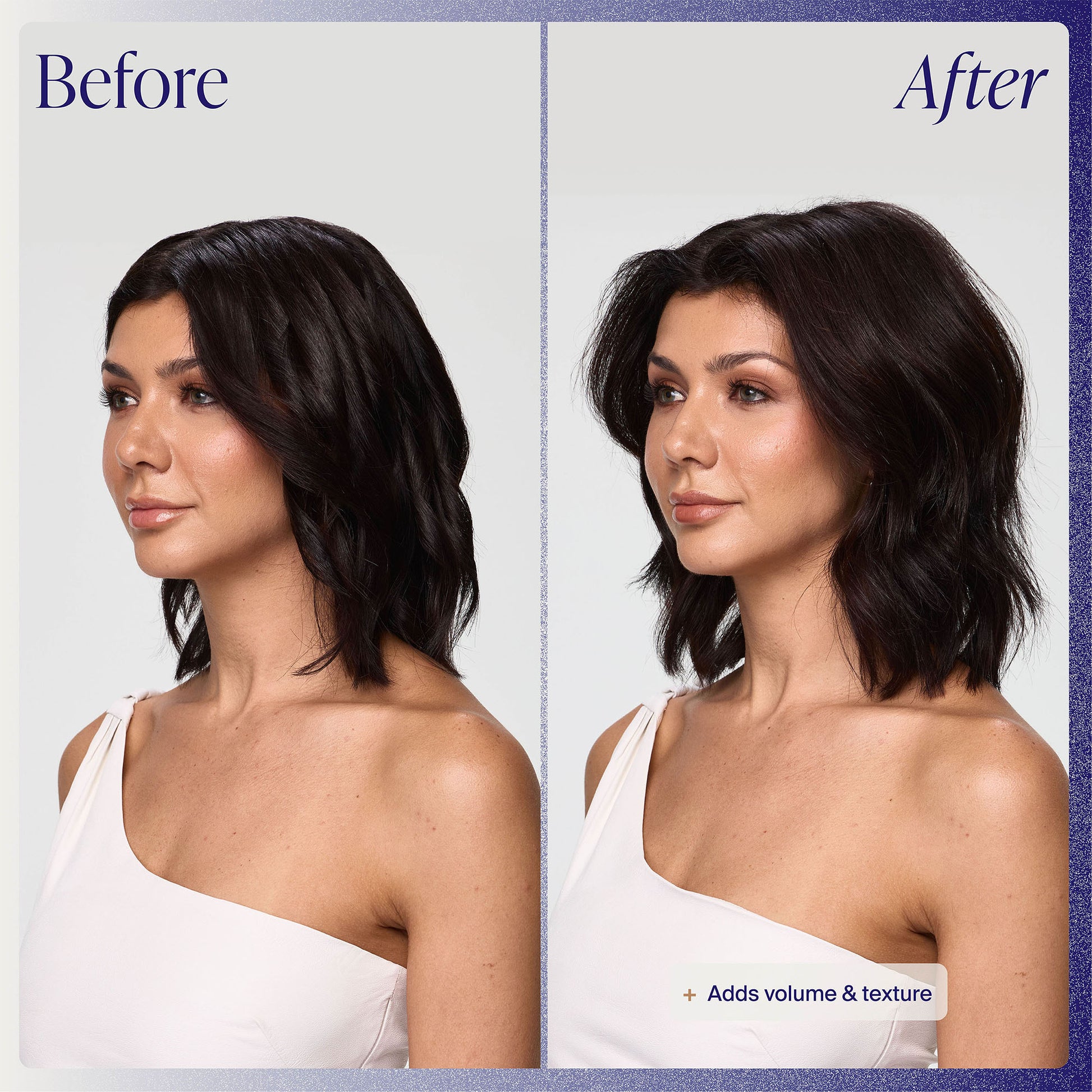 Before and after comparison of a woman with styled hair against a plain background
